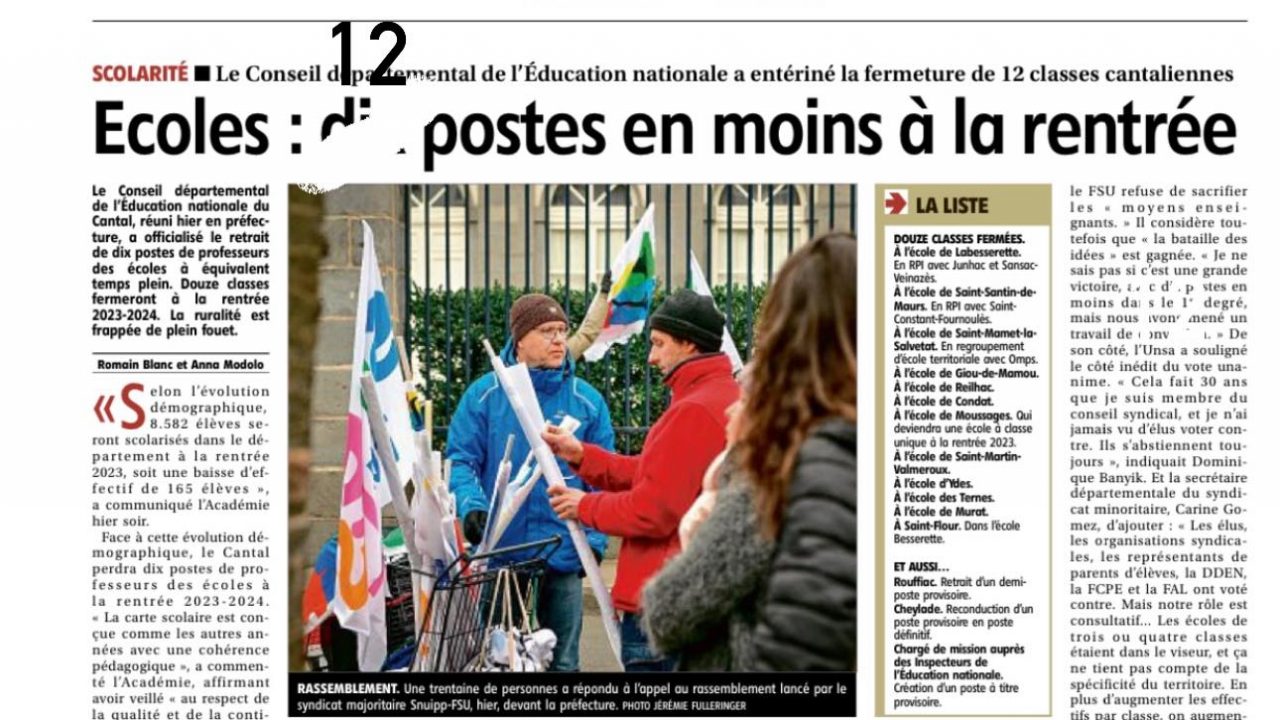 Colère : L’Etat supprime 12 classes dans les écoles du Cantal, sans écouter personne