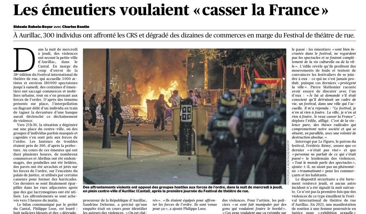 Incidents au festival d’Aurillac : l’article du Figaro du jour.